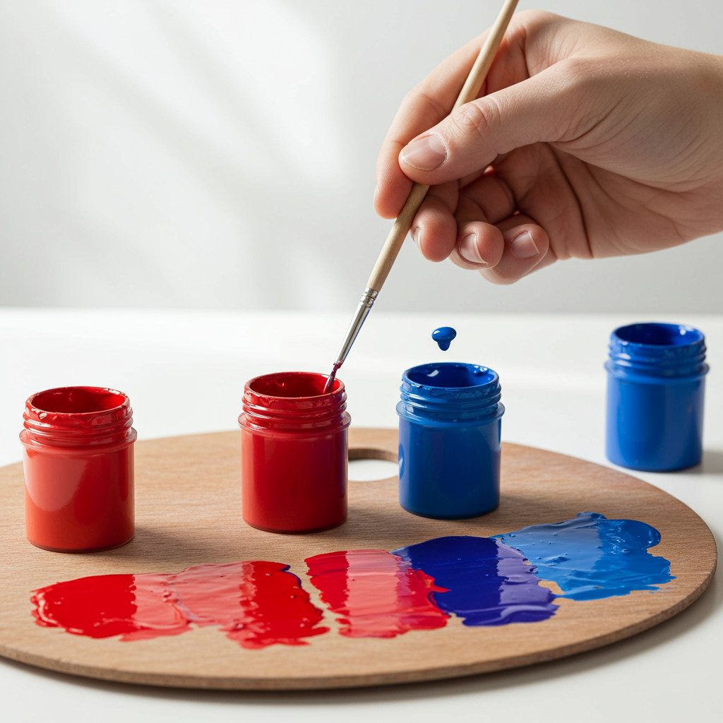 Mélange de peinture rouge et bleue pour obtenir du violet
