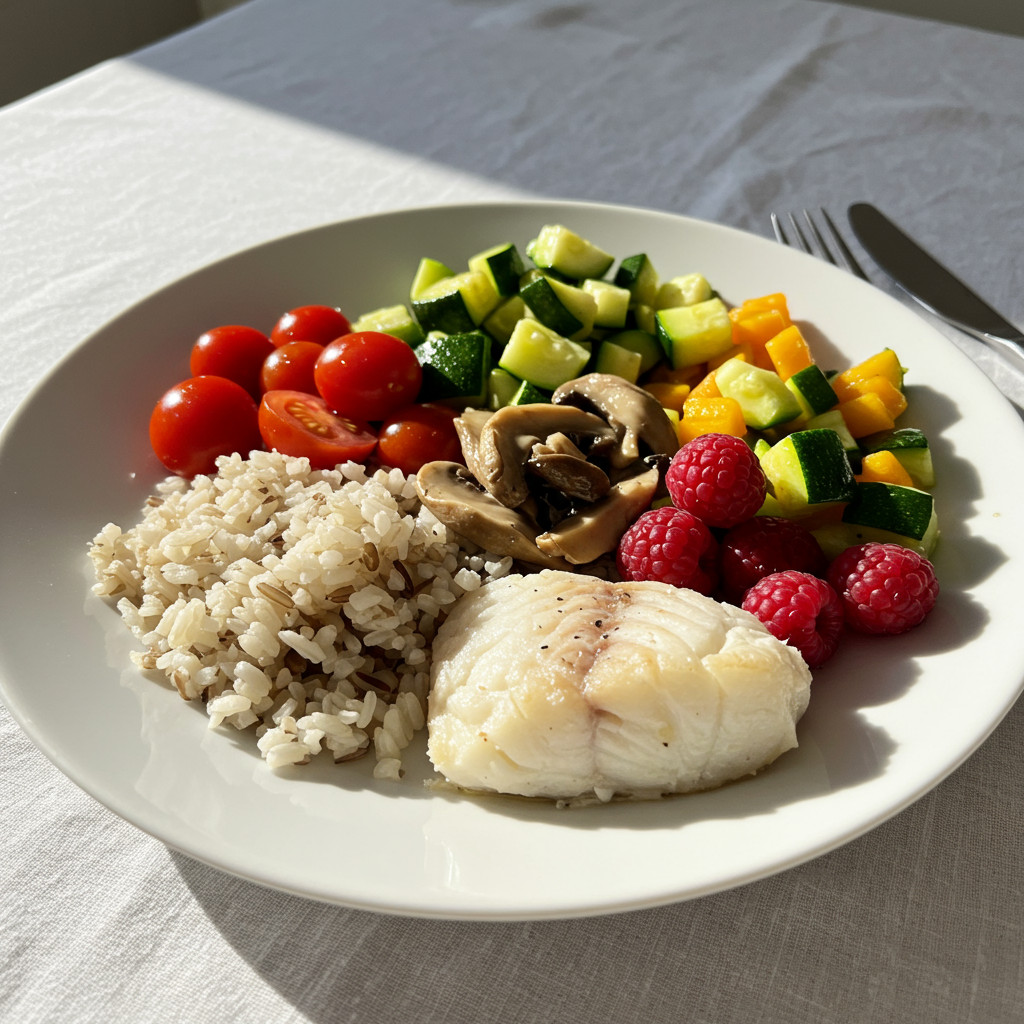 Une assiette composée de légumes, de poisson et de riz complet