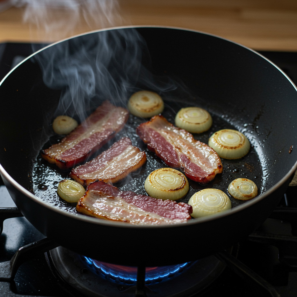 Lardons et oignons qui dorent dans une poêle