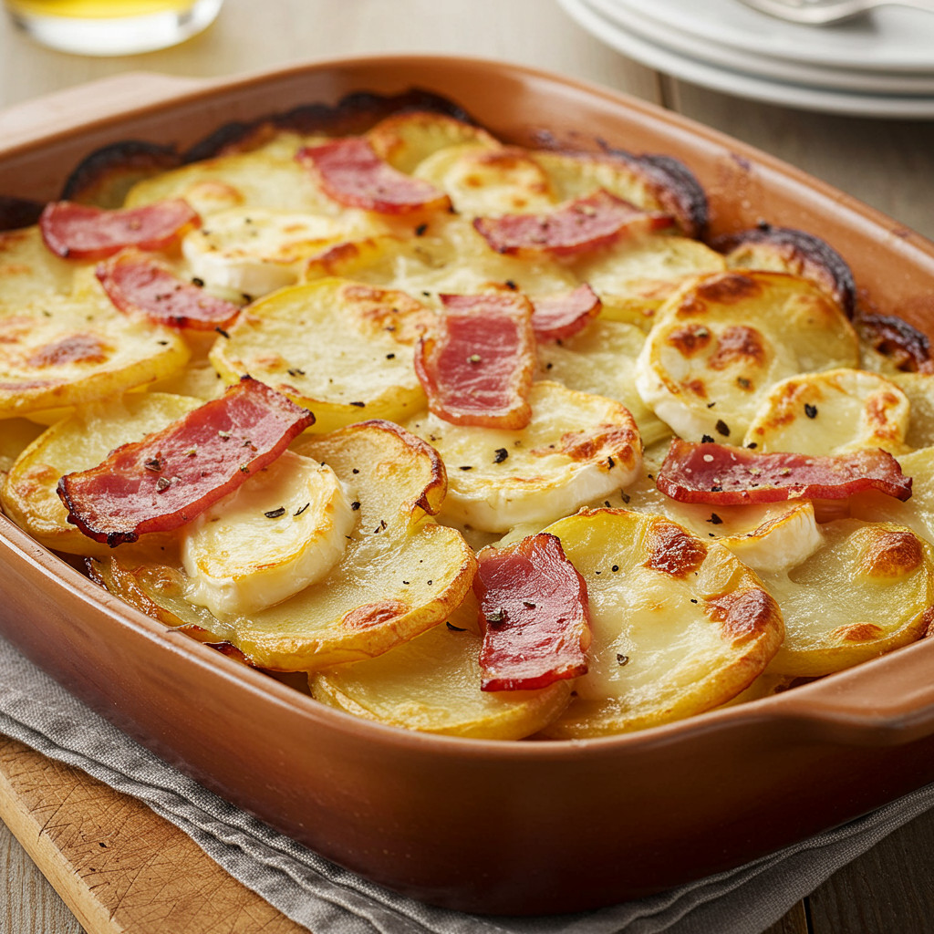 Assemblage des couches de la tartiflette dans un plat