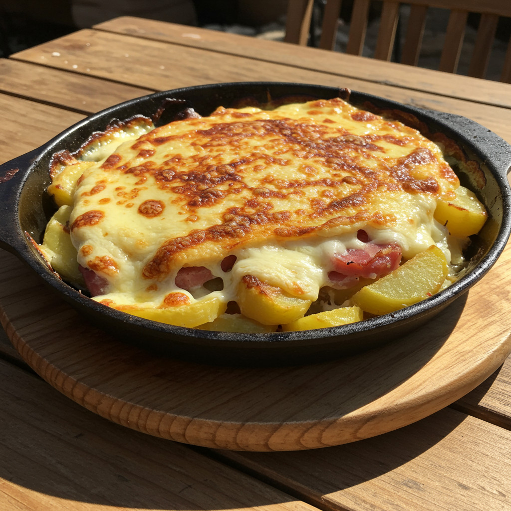 Tartiflette dorée et gratinée sortant du four