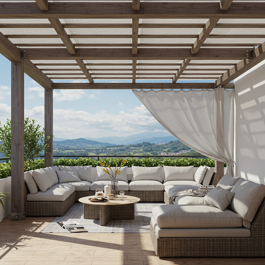 Pergola avec une toile coulissante ouverte sur une terrasse