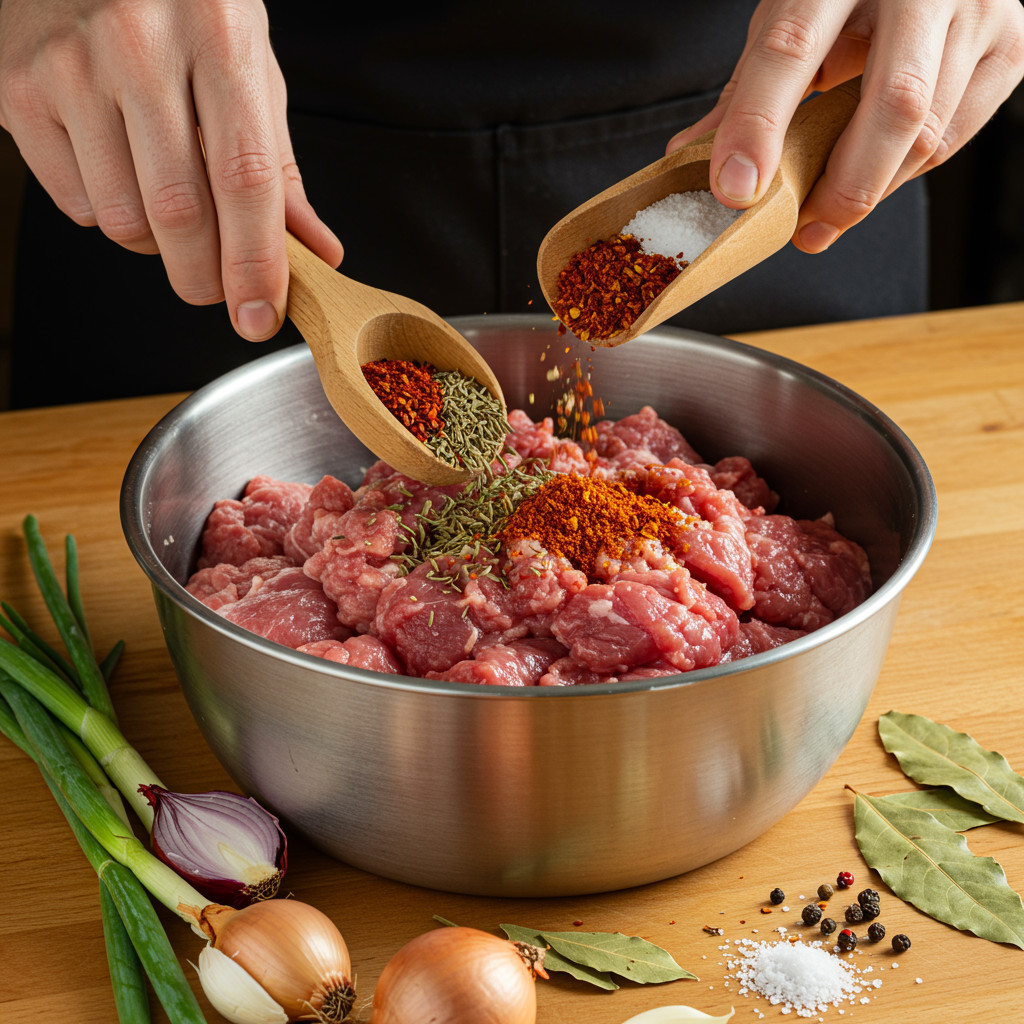 Mélange de la viande hachée avec les épices pour le saucisson