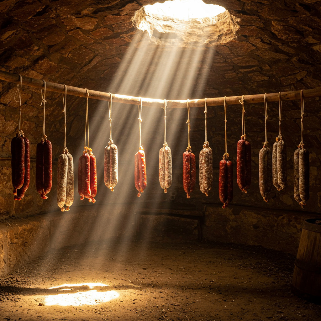 Saucissons suspendus dans une cave pour le séchage