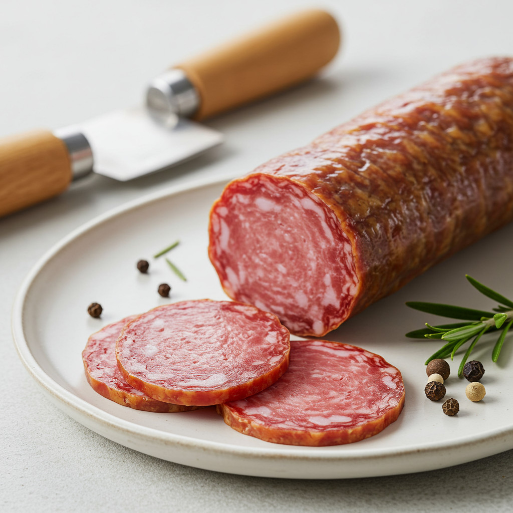 Saucisson sec tranché, prêt à être dégusté