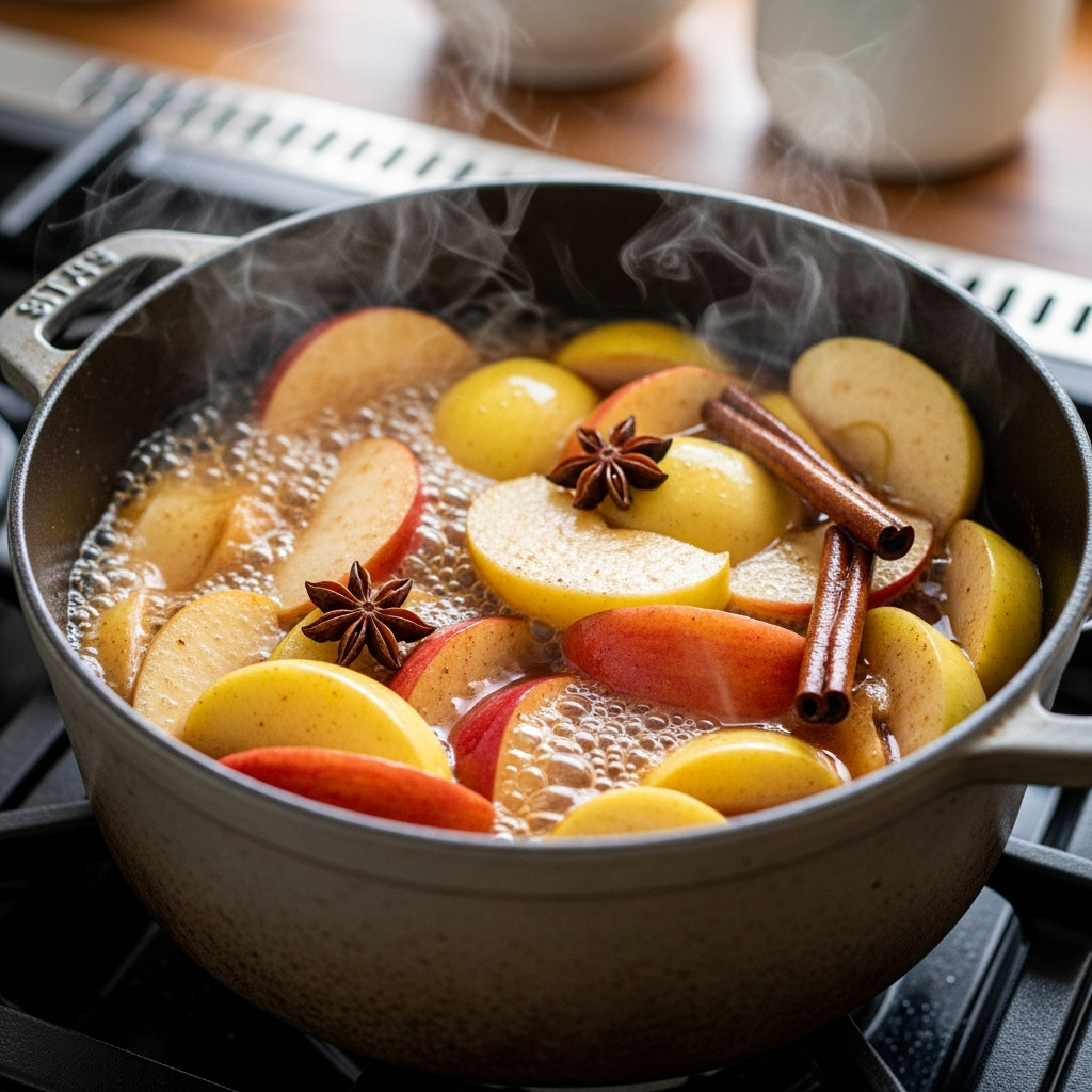 Pommes cuisant dans une casserole