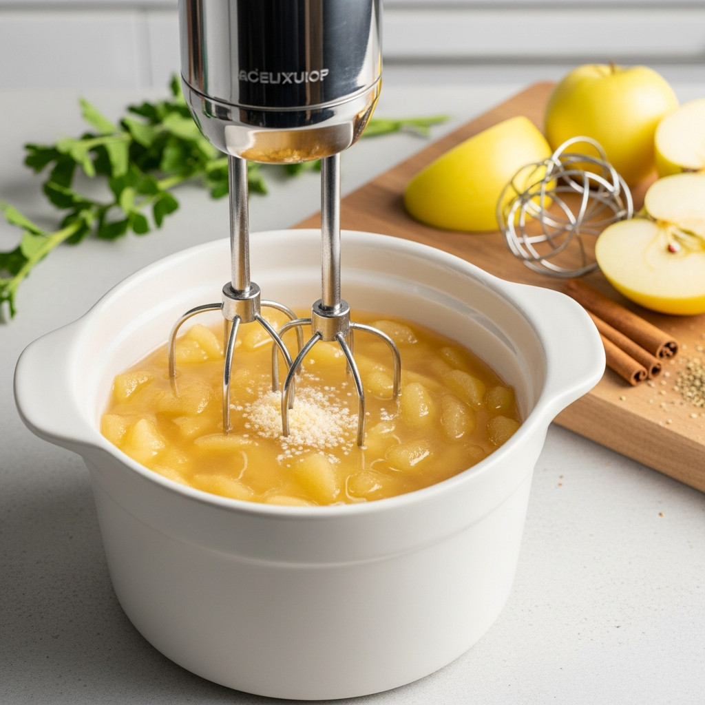 Mixeur plongeant dans la compote de pommes