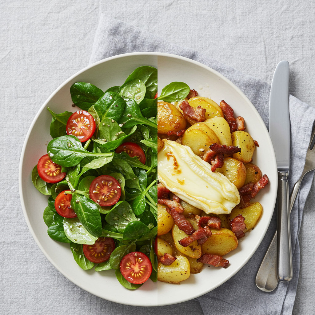 Salade verte fraîche avec tartiflette