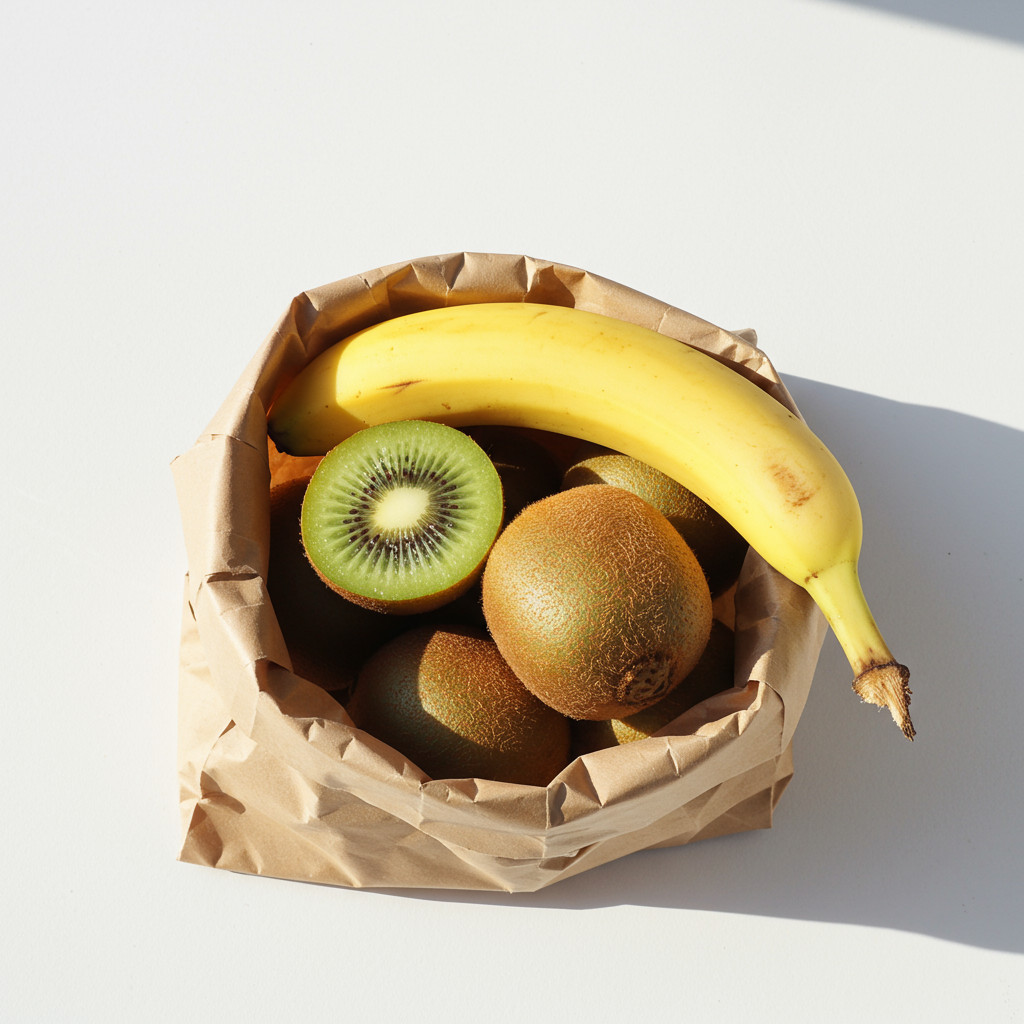 Kiwis dans un sac en papier avec une banane