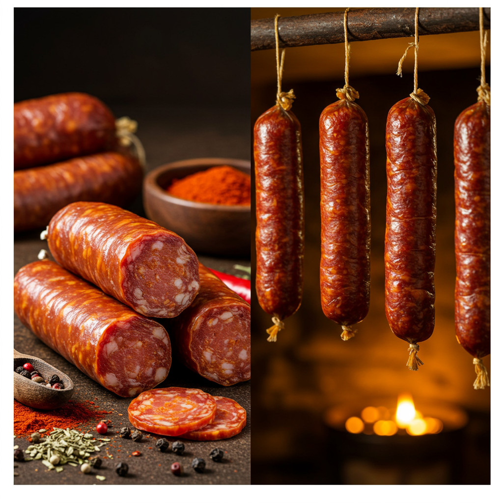 Illustration de chorizos frais et séchés