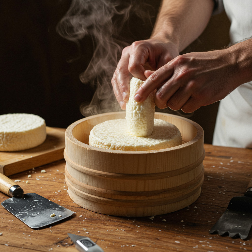 Caillé de chèvre en cours de moulage