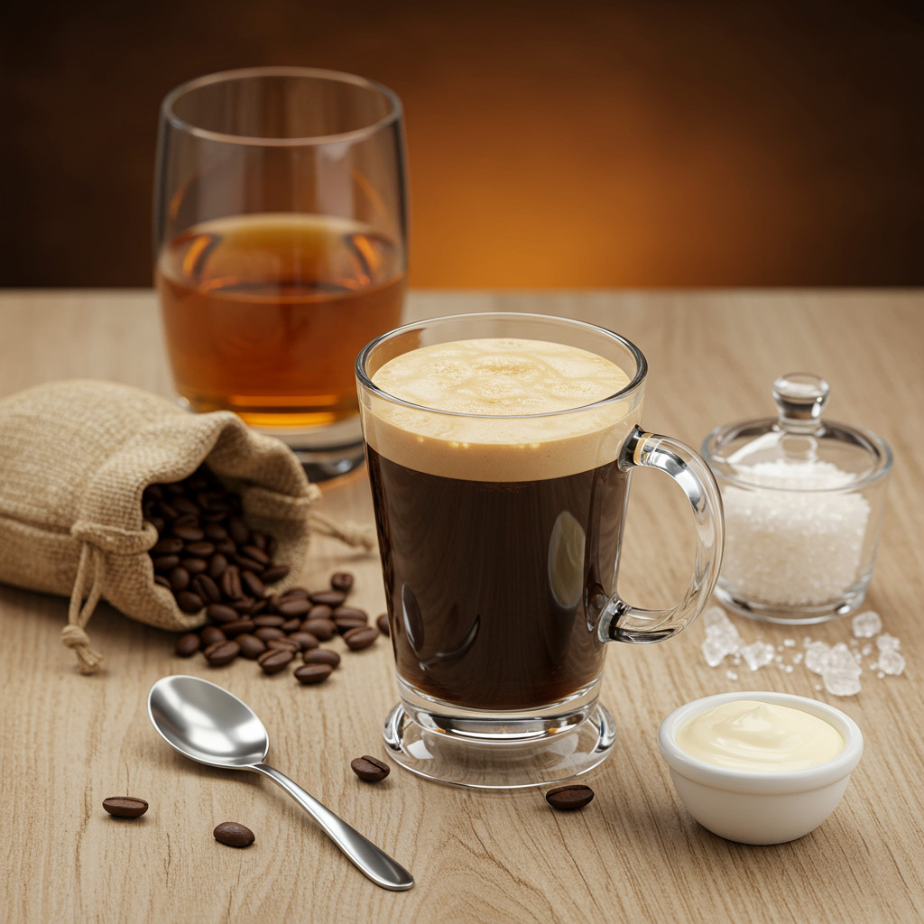 Ingrédients nécessaires pour préparer un Irish Coffee : café, whisky irlandais, sucre et crème fraîche.