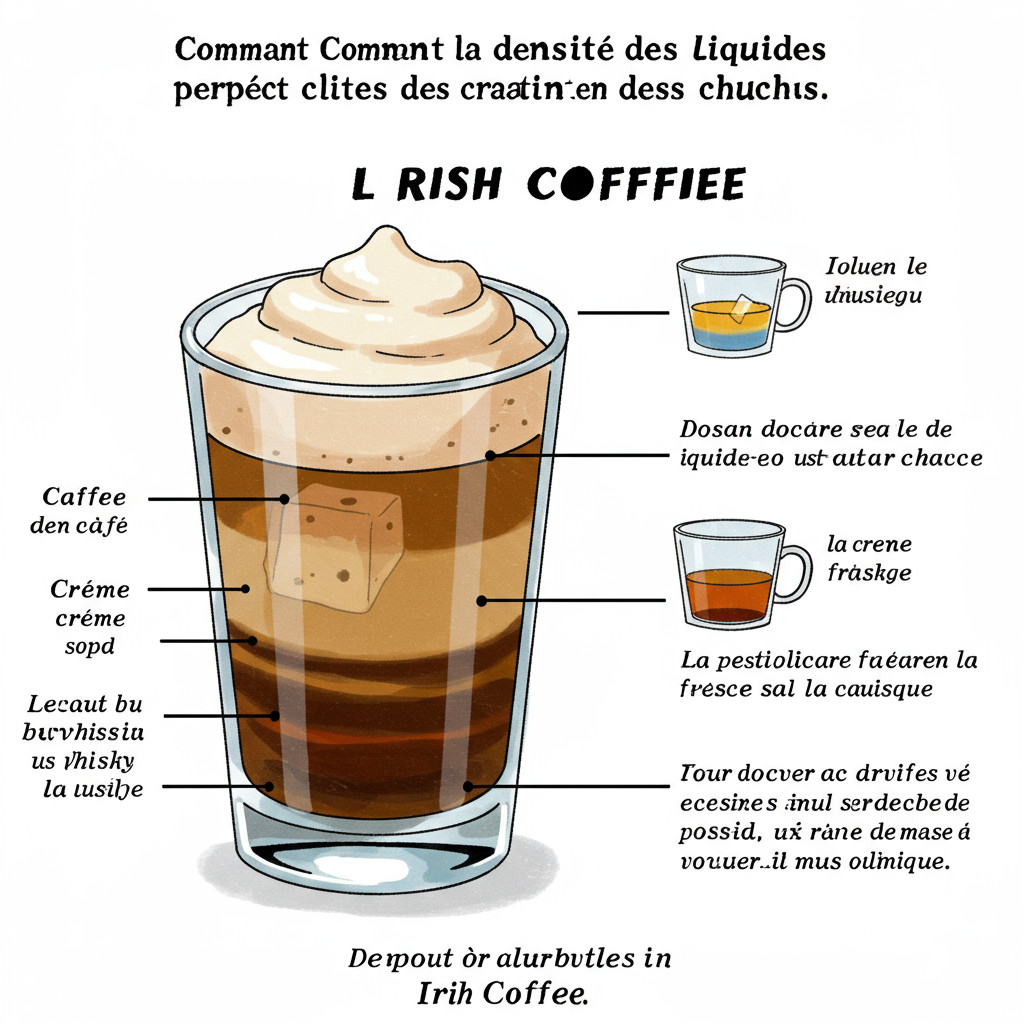 Schéma expliquant comment la densité des liquides permet la création des couches dans l'Irish Coffee.
