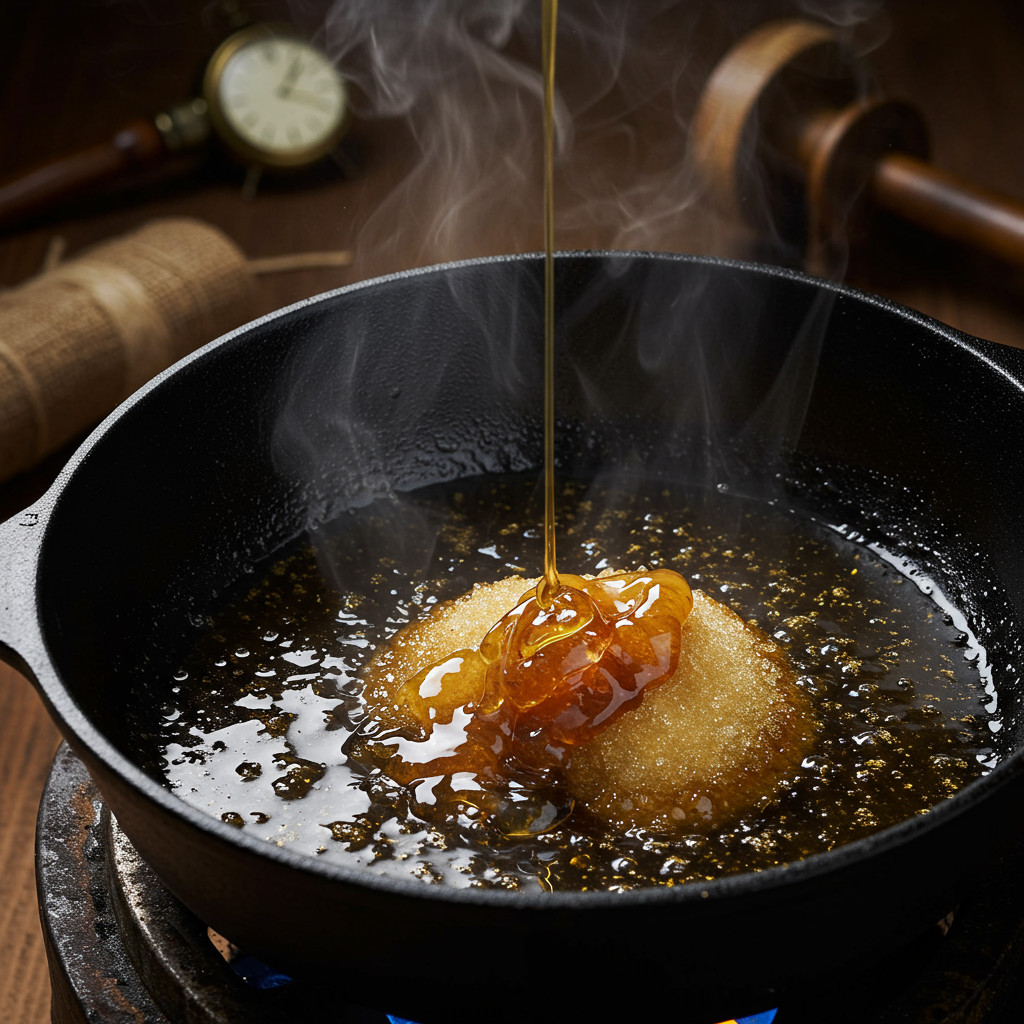 Whisky irlandais et sucre en train de chauffer doucement dans une casserole.