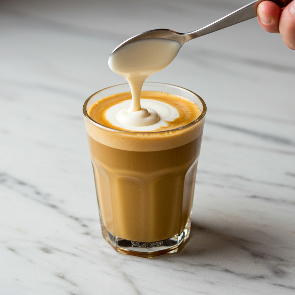 Technique de versement de la crème sur le dos d'une cuillère pour créer une couche distincte dans l'Irish Coffee.