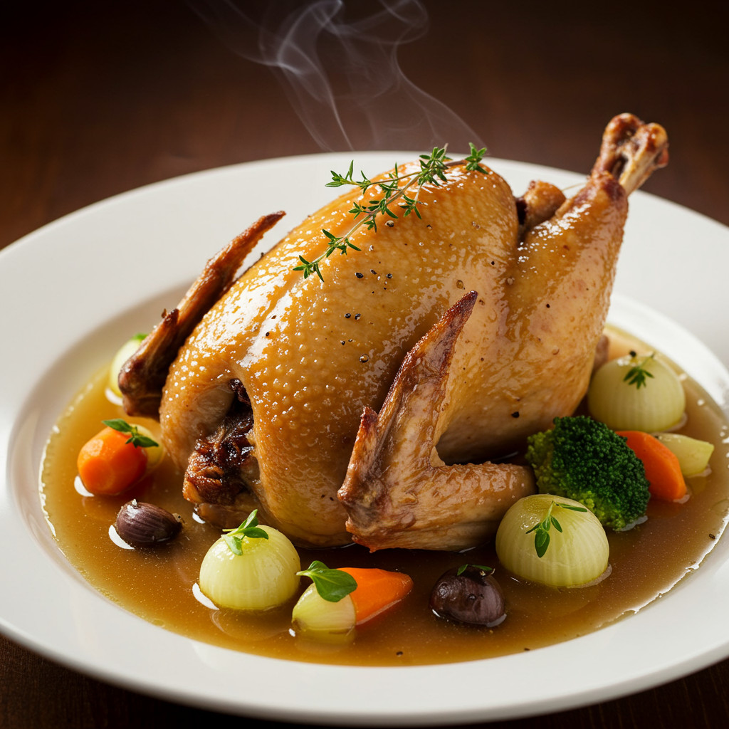 Poularde pochée dans un bouillon