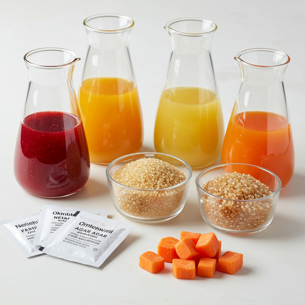 Ingrédients : jus de fruits, agar-agar et sucre