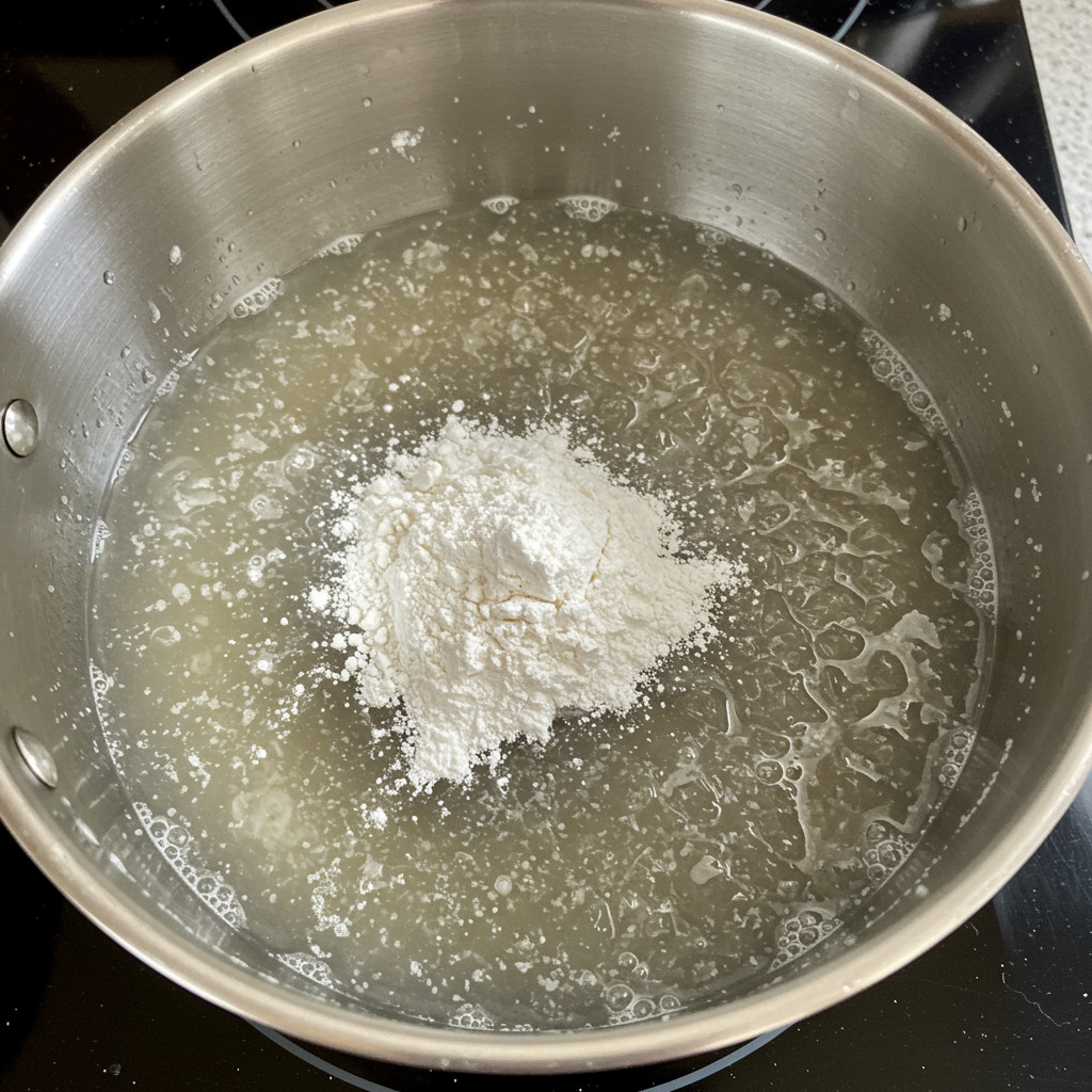 Agar-agar mélangé à un liquide froid dans une casserole