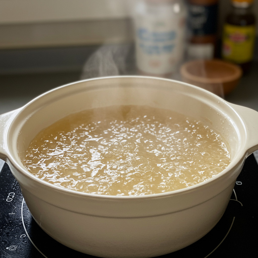 Liquide avec agar-agar en train de bouillir dans une casserole