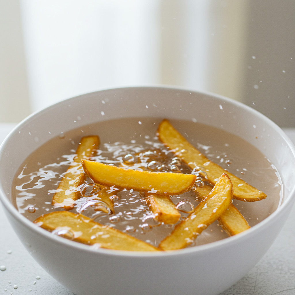 Frites trempant dans un bol d'eau