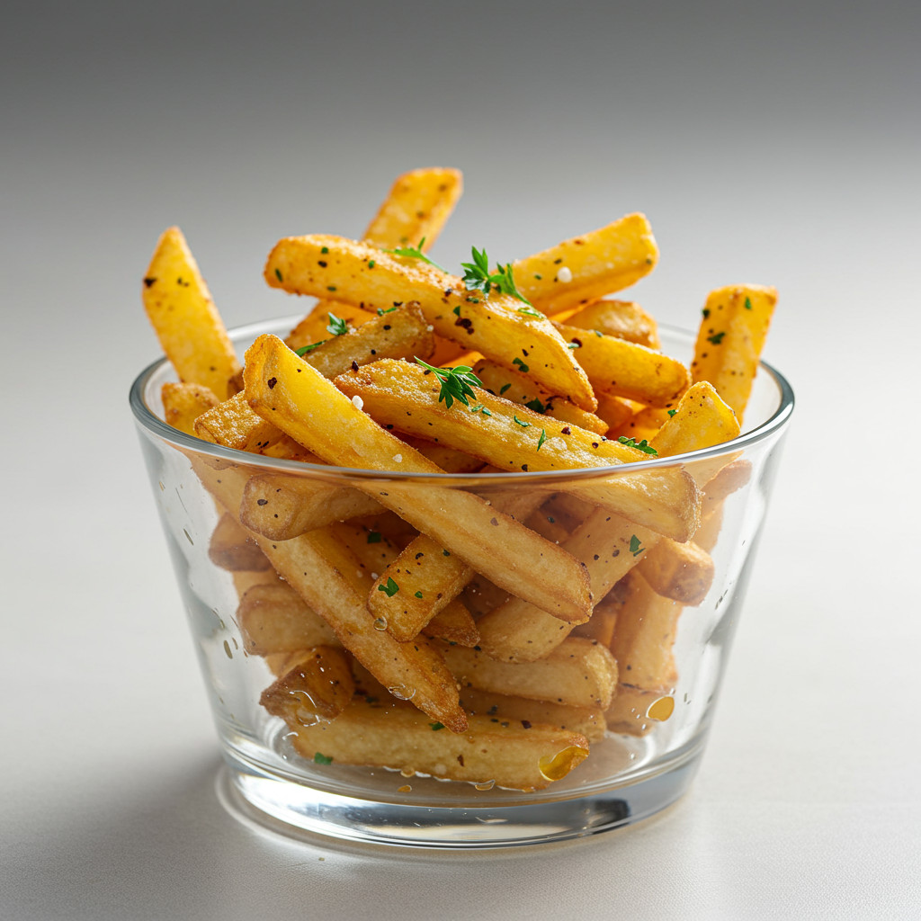 Frites assaisonnées et huilées dans un saladier