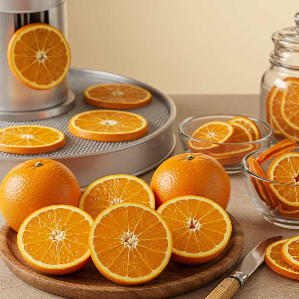 Oranges fraîches et matériel nécessaire pour le séchage