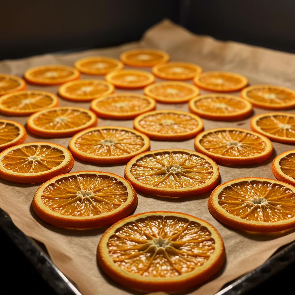 Rondelles d'oranges en train de sécher au four