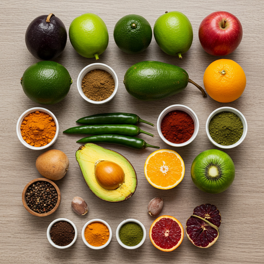 Assortiment de fruits, légumes et épices colorés pour colorants naturels