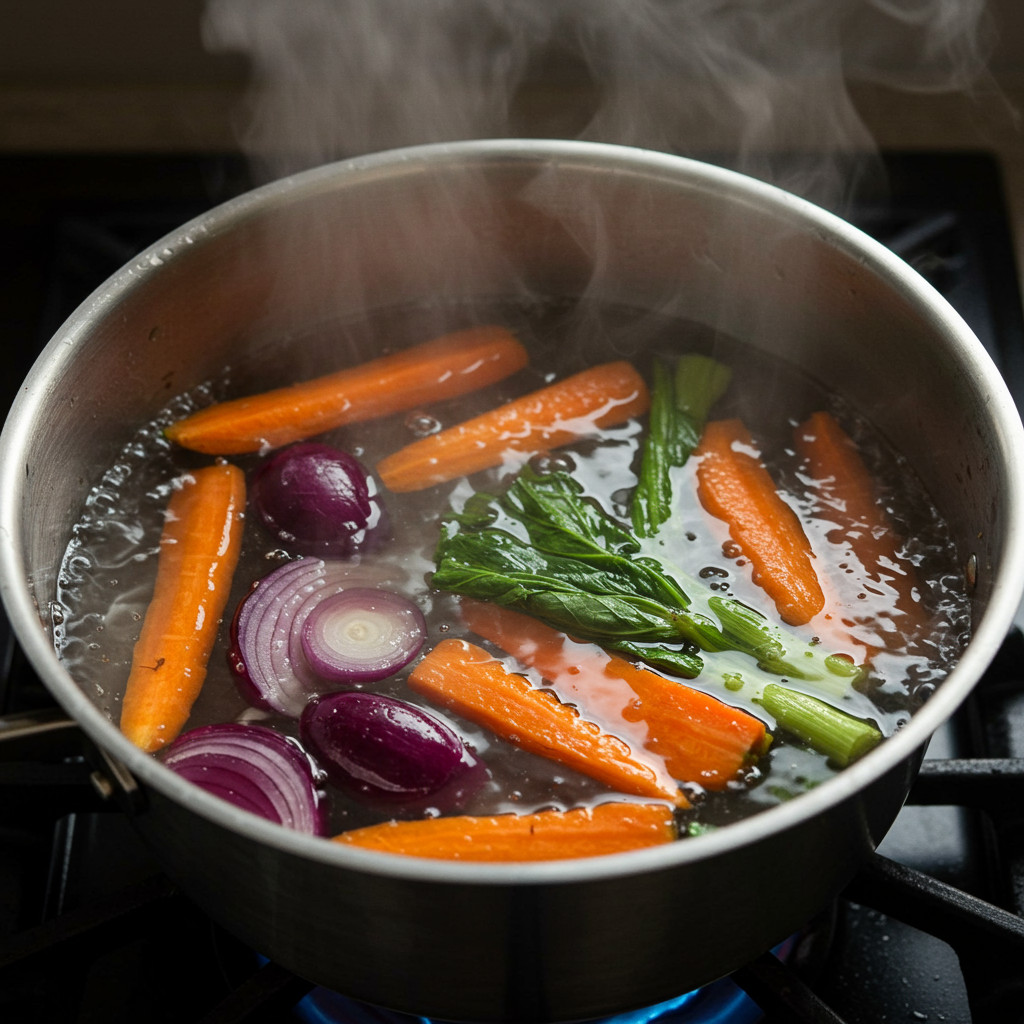 Légumes bouillant dans une casserole pour l'extraction de couleur