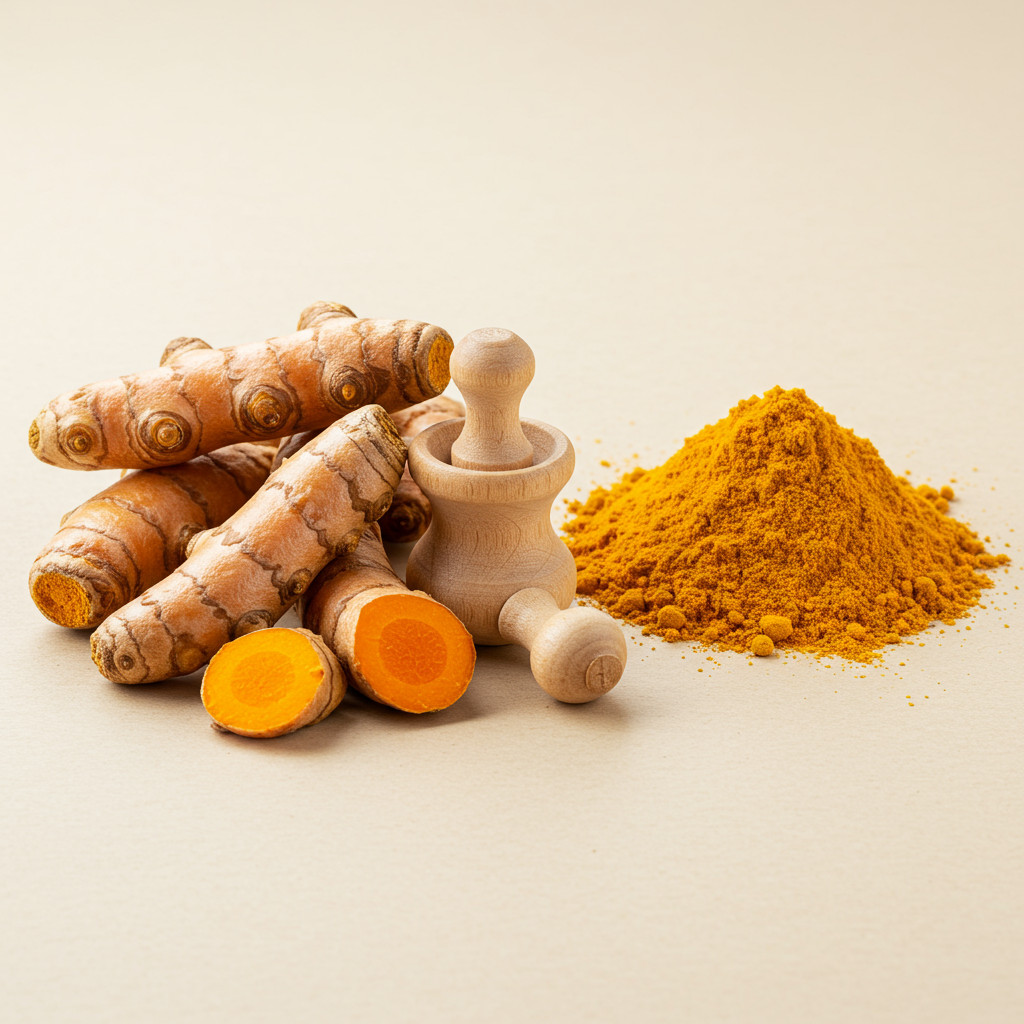 Racines de curcuma frais et poudre de curcuma